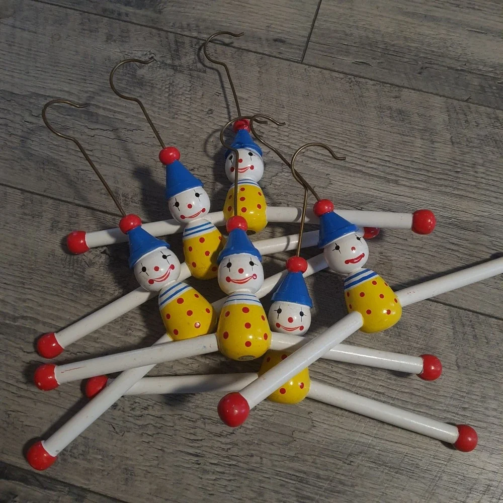 Vintage Painted Wooden Clown Small Clothes Hangers Set of 6 Made in Thailand